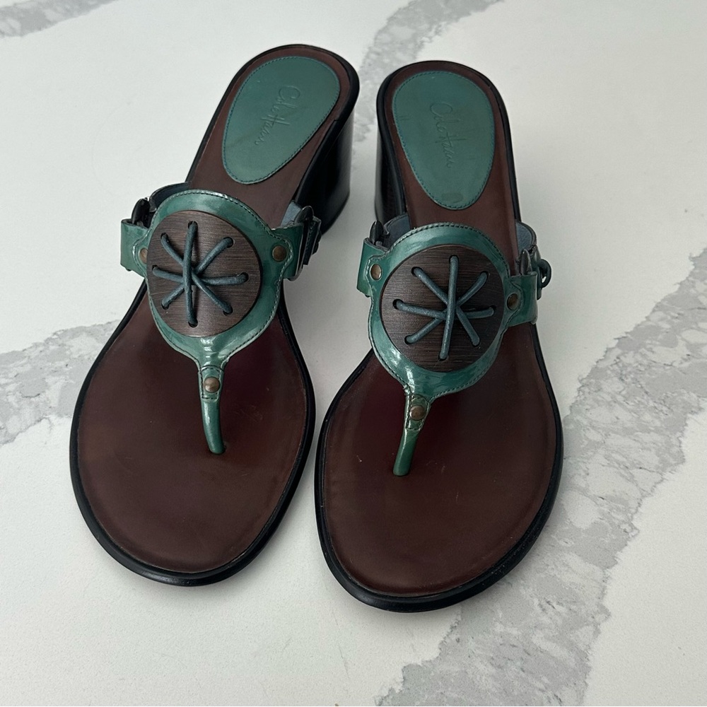 Cole Haan Green and Brown Leather Block Heel Sandals 11